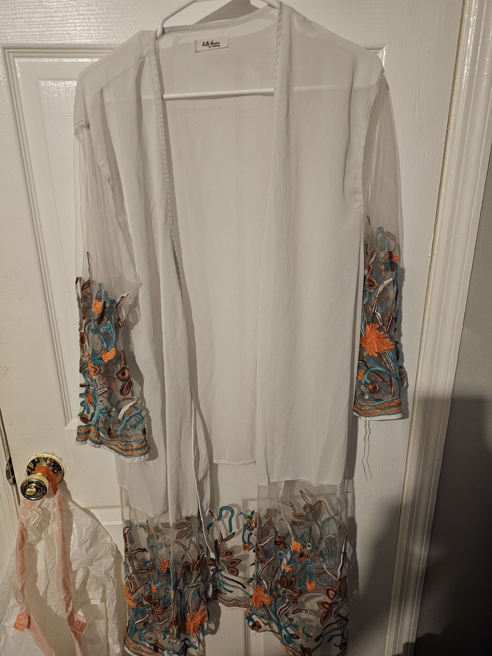 Sheer White Embroidered Cover For Swim Ect with Turquoise & Orange Floral Detail